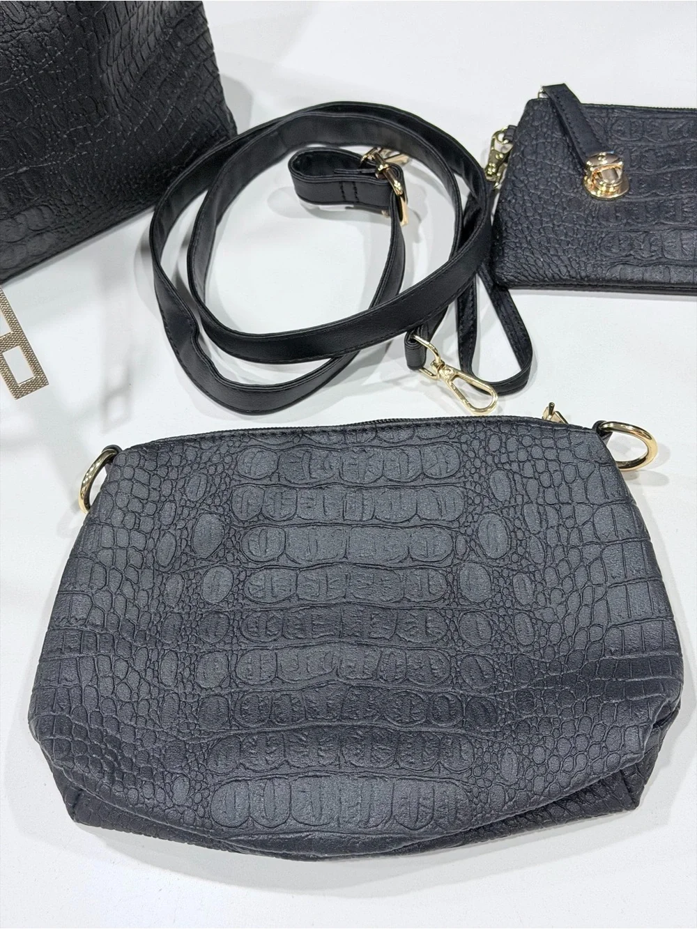 Structured Croc-Embossed Faux Leather Black Tote Bag with Gold Hardware - Picture 8 of 13